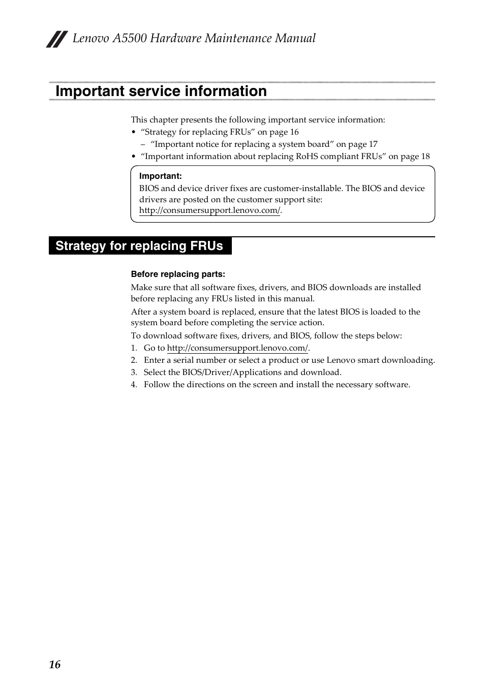 Important service information, Strategy for replacing frus, Lenovo a5500 hardware maintenance manual | Lenovo A8-50 Tablet User Manual | Page 20 / 54