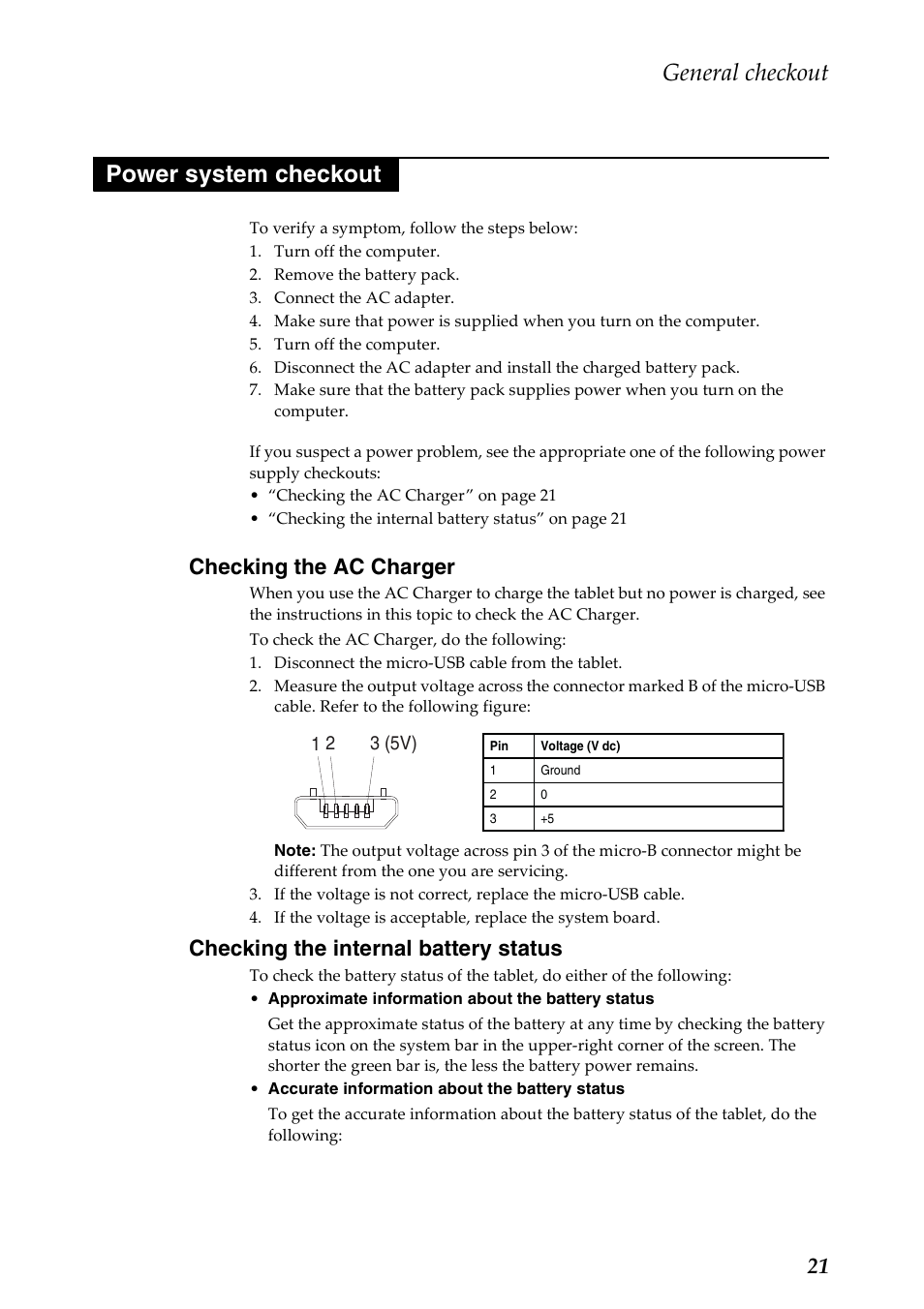 Power system checkout, Checking the ac charger, Checking the internal battery status | General checkout | Lenovo A8-50 Tablet User Manual | Page 25 / 54