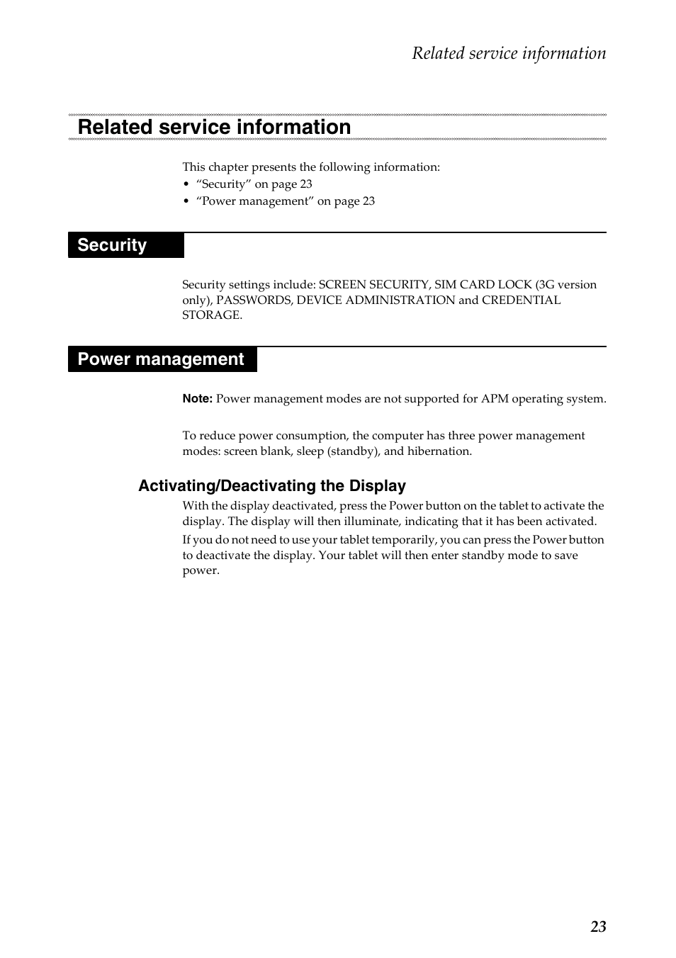 Related service information, Security, Power management | Activating/deactivating the display, Security power management | Lenovo A8-50 Tablet User Manual | Page 27 / 54