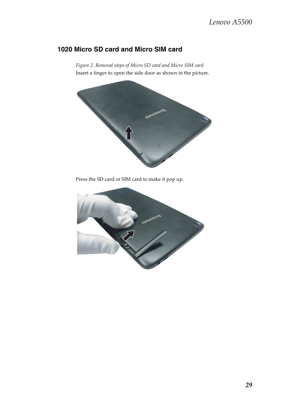 1020 micro sd card and micro sim card, Lenovo a5500 | Lenovo A8-50 Tablet User Manual | Page 33 / 54