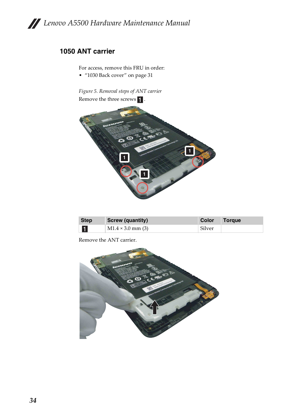 1050 ant carrier, Lenovo a5500 hardware maintenance manual | Lenovo A8-50 Tablet User Manual | Page 38 / 54