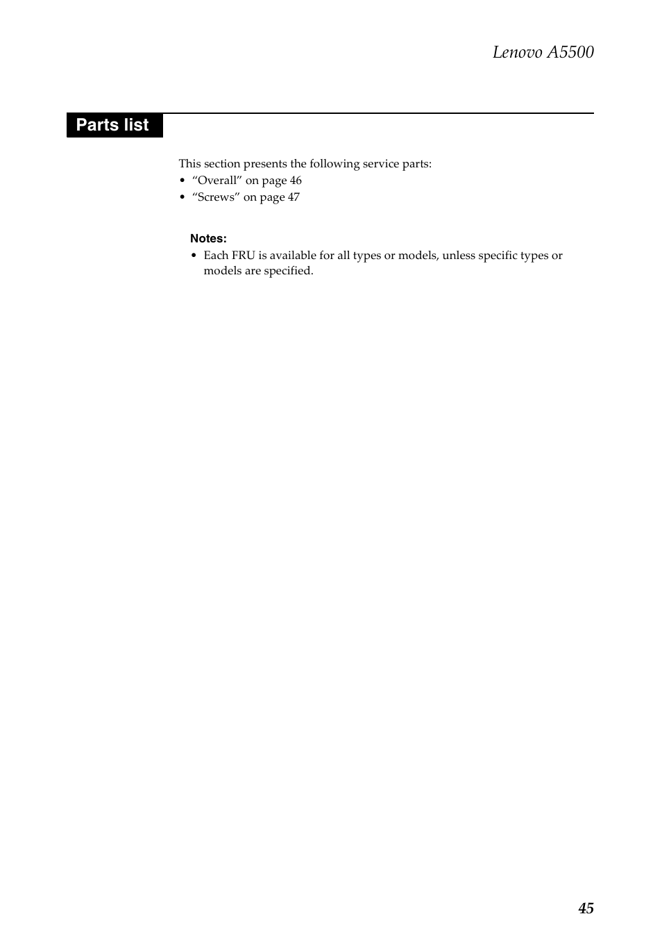 Parts list, Lenovo a5500 | Lenovo A8-50 Tablet User Manual | Page 49 / 54