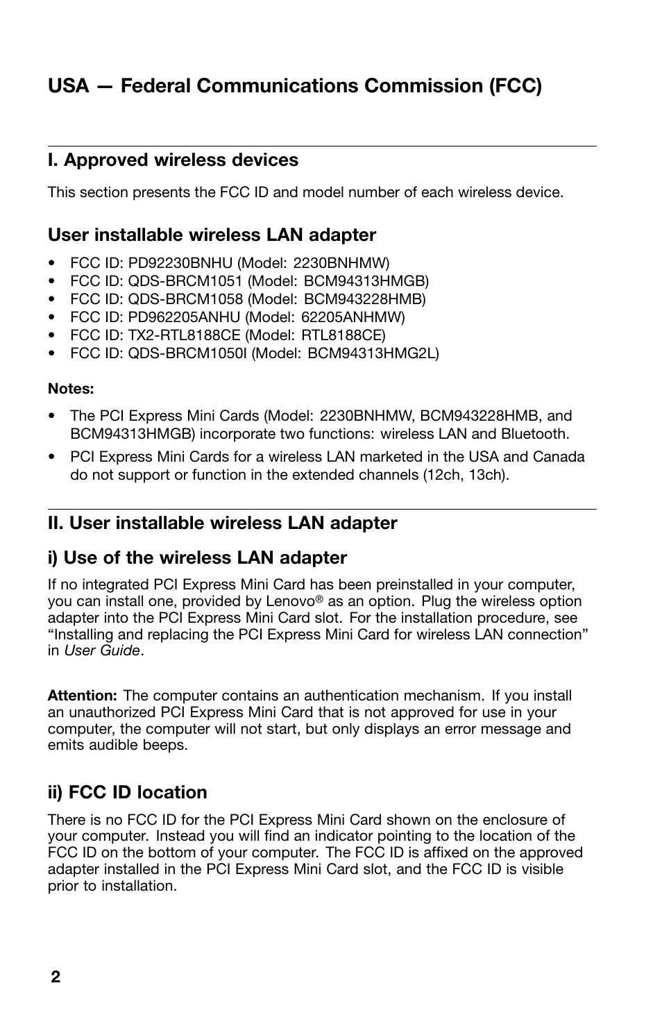 Usa — federal communications commission (fcc), I. approved wireless devices, User installable wireless lan adapter | Ii. user installable wireless lan adapter, I) use of the wireless lan adapter, Ii) fcc id location | Lenovo V580c Notebook User Manual | Page 2 / 10