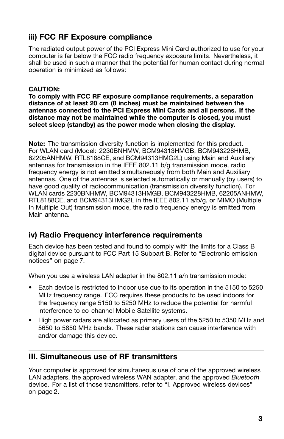 Iii) fcc rf exposure compliance, Iv) radio frequency interference requirements, Iii. simultaneous use of rf transmitters | Lenovo V580c Notebook User Manual | Page 3 / 10