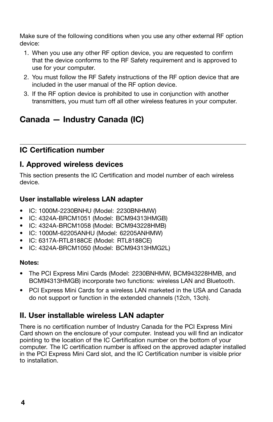 Canada — industry canada (ic), Ic certification number, I. approved wireless devices | Ii. user installable wireless lan adapter | Lenovo V580c Notebook User Manual | Page 4 / 10