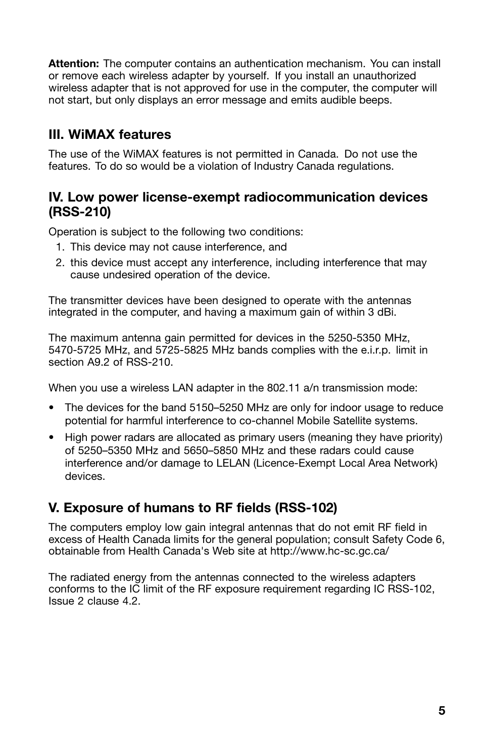 Iii. wimax features, V. exposure of humans to rf fields (rss-102) | Lenovo V580c Notebook User Manual | Page 5 / 10