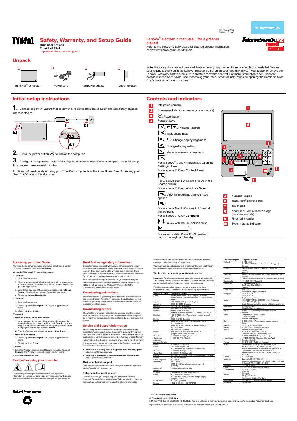 Lenovo ThinkPad S540 User Manual | 2 pages