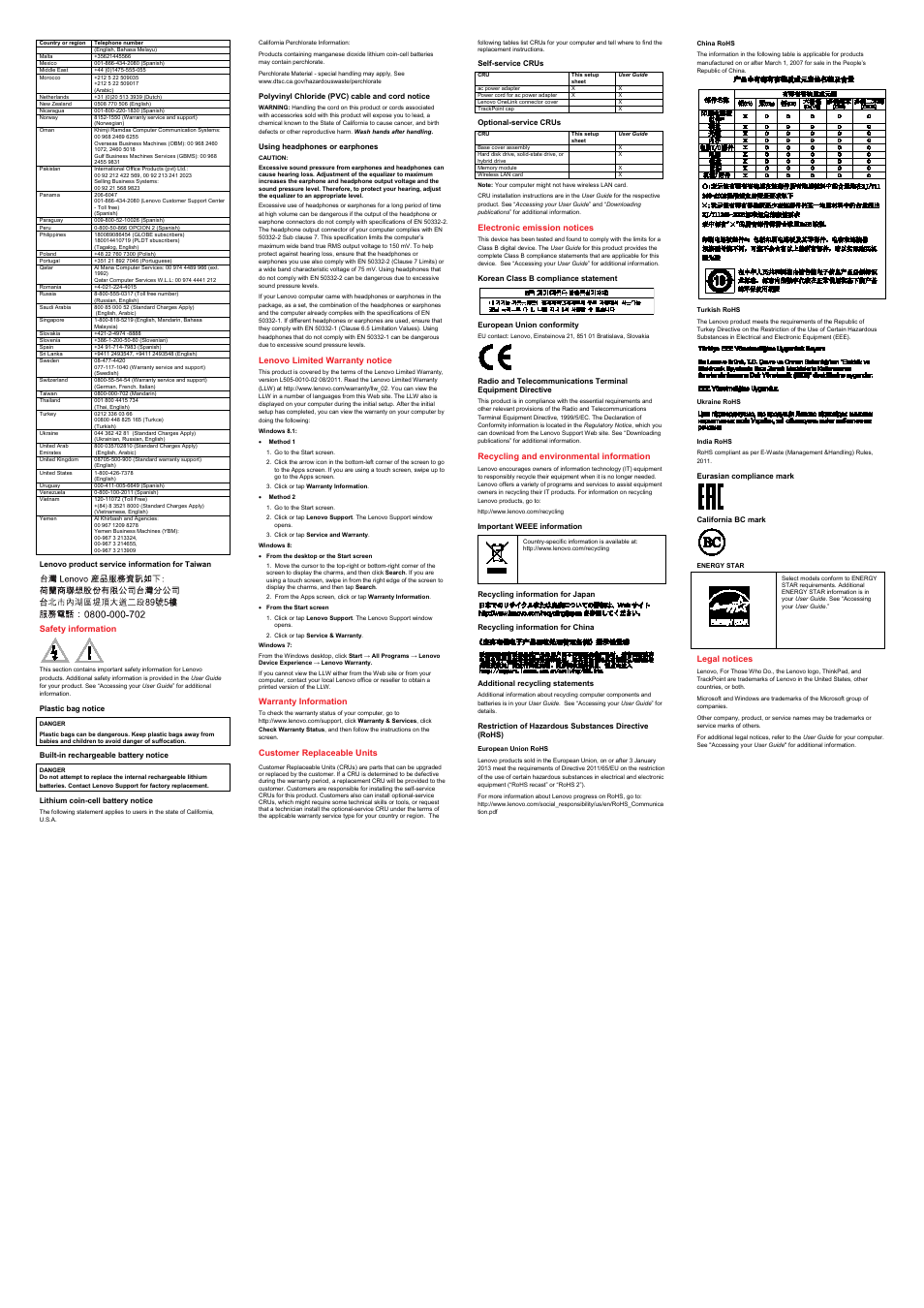 Lenovo product service information for taiwan, Safety information, Plastic bag notice | Built-in rechargeable battery notice, Lithium coin-cell battery notice, Polyvinyl chloride (pvc) cable and cord notice, Using headphones or earphones, Caution, Lenovo limited warranty notice, Windows 8.1 | Lenovo ThinkPad S540 User Manual | Page 2 / 2