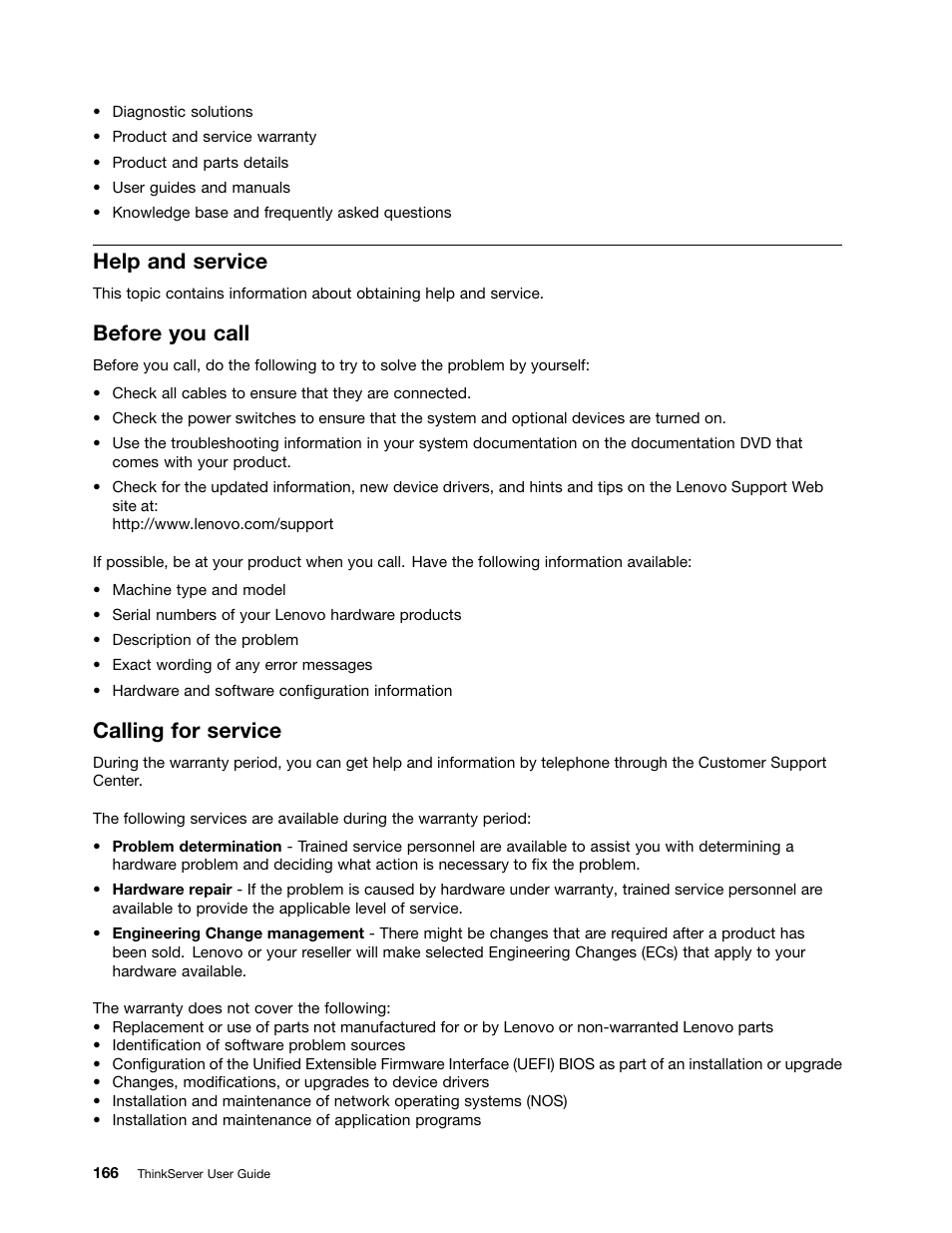 Help and service, Before you call, Calling for service | Lenovo ThinkServer RD630 User Manual | Page 178 / 196