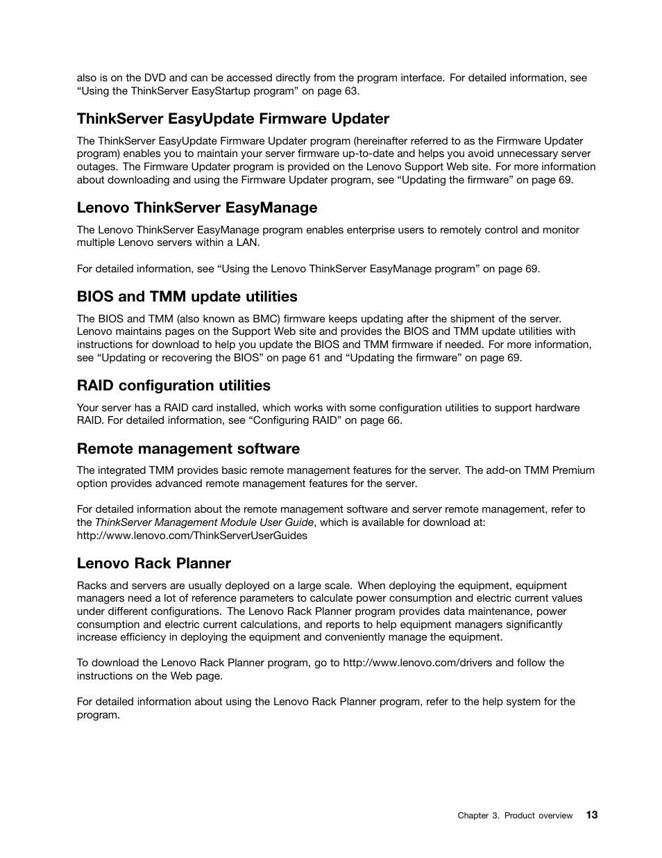 Thinkserver easyupdate firmware updater, Lenovo thinkserver easymanage, Bios and tmm update utilities | Raid configuration utilities, Remote management software, Lenovo rack planner | Lenovo ThinkServer RD630 User Manual | Page 25 / 196