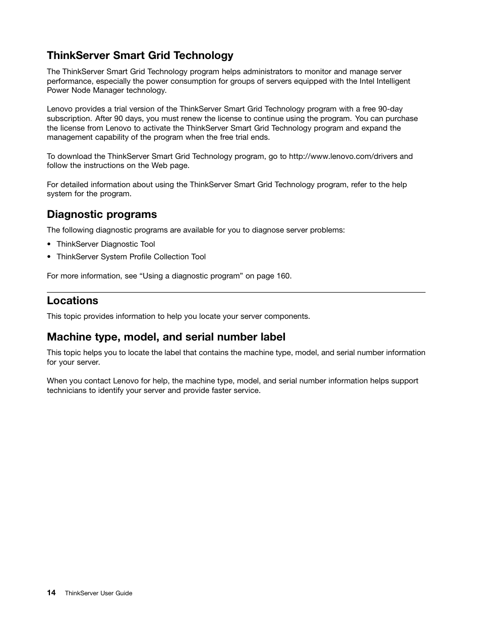 Thinkserver smart grid technology, Diagnostic programs, Locations | Machine type, model, and serial number label | Lenovo ThinkServer RD630 User Manual | Page 26 / 196