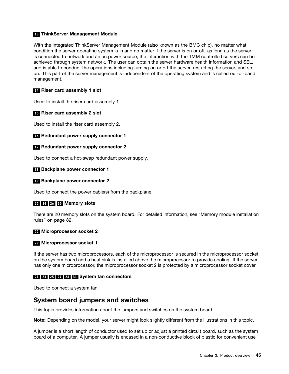 System board jumpers and switches | Lenovo ThinkServer RD630 User Manual | Page 57 / 196