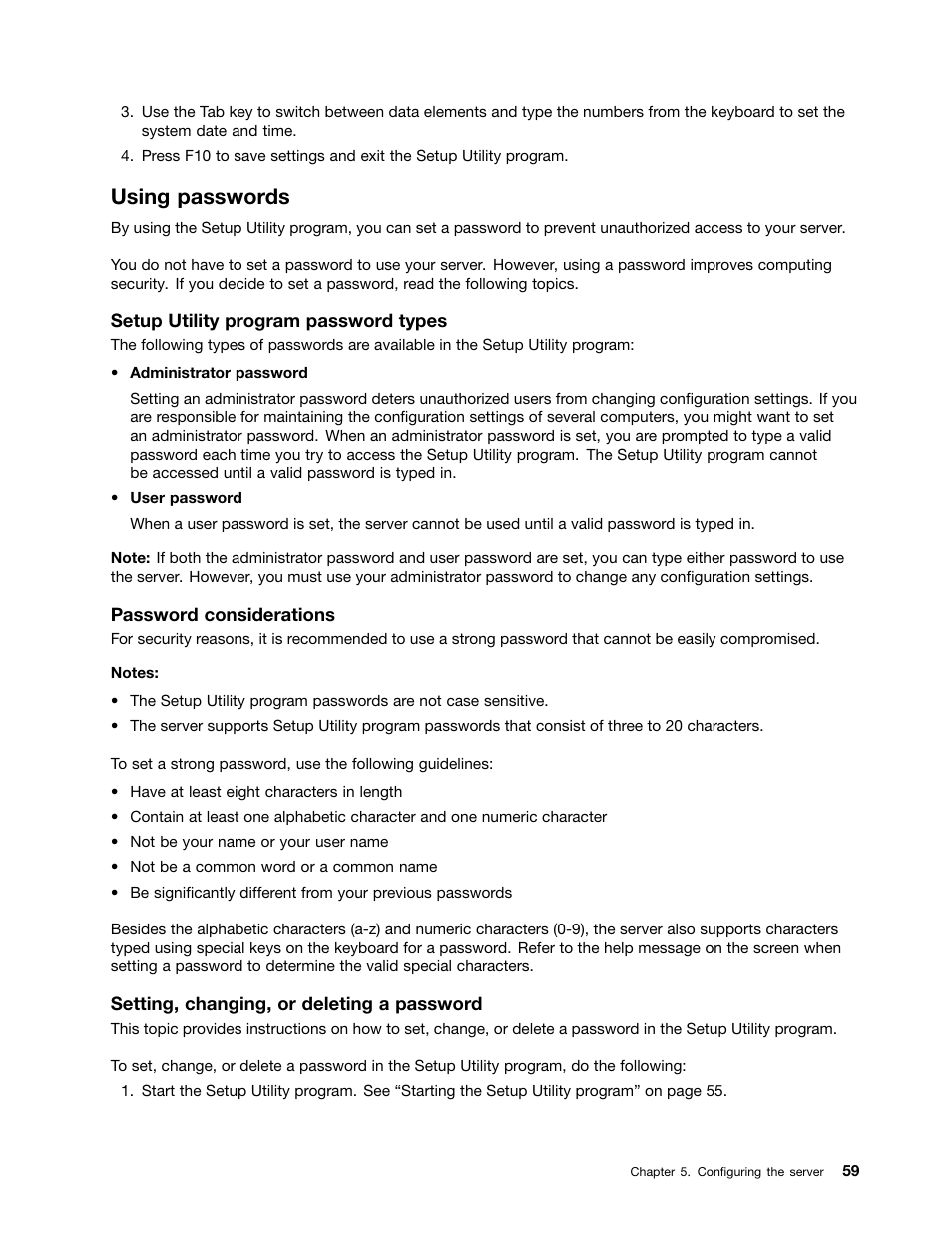 Using passwords, Using | Lenovo ThinkServer RD630 User Manual | Page 71 / 196