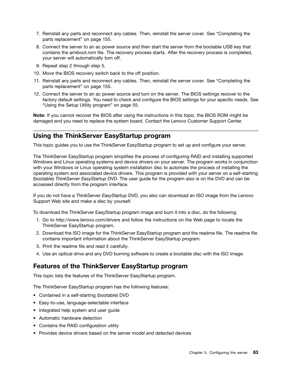 Using the thinkserver easystartup program, Features of the thinkserver easystartup program, Using the thinkserver | Lenovo ThinkServer RD630 User Manual | Page 75 / 196