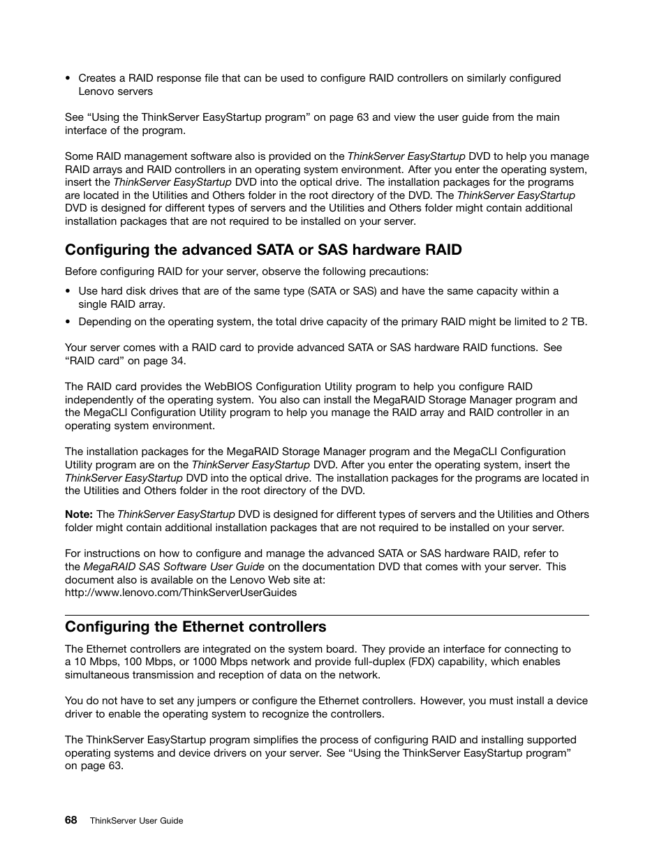 Configuring the advanced sata or sas hardware raid, Configuring the ethernet controllers | Lenovo ThinkServer RD630 User Manual | Page 80 / 196