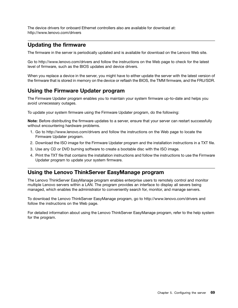 Updating the firmware, Using the firmware updater program, Using the lenovo thinkserver easymanage program | Lenovo ThinkServer RD630 User Manual | Page 81 / 196
