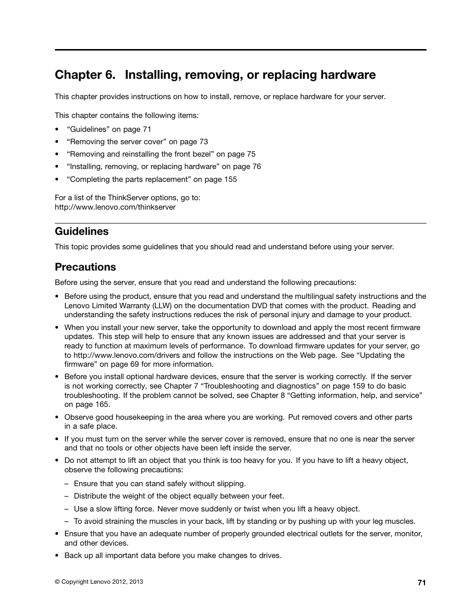 Guidelines, Precautions, Chapter 6 “installing, removing | Lenovo ThinkServer RD630 User Manual | Page 83 / 196