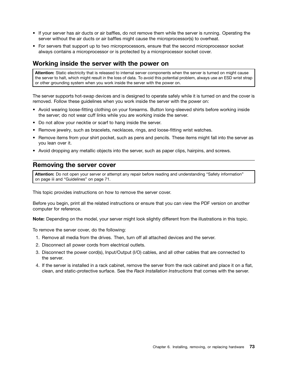 Working inside the server with the power on, Removing the server cover | Lenovo ThinkServer RD630 User Manual | Page 85 / 196