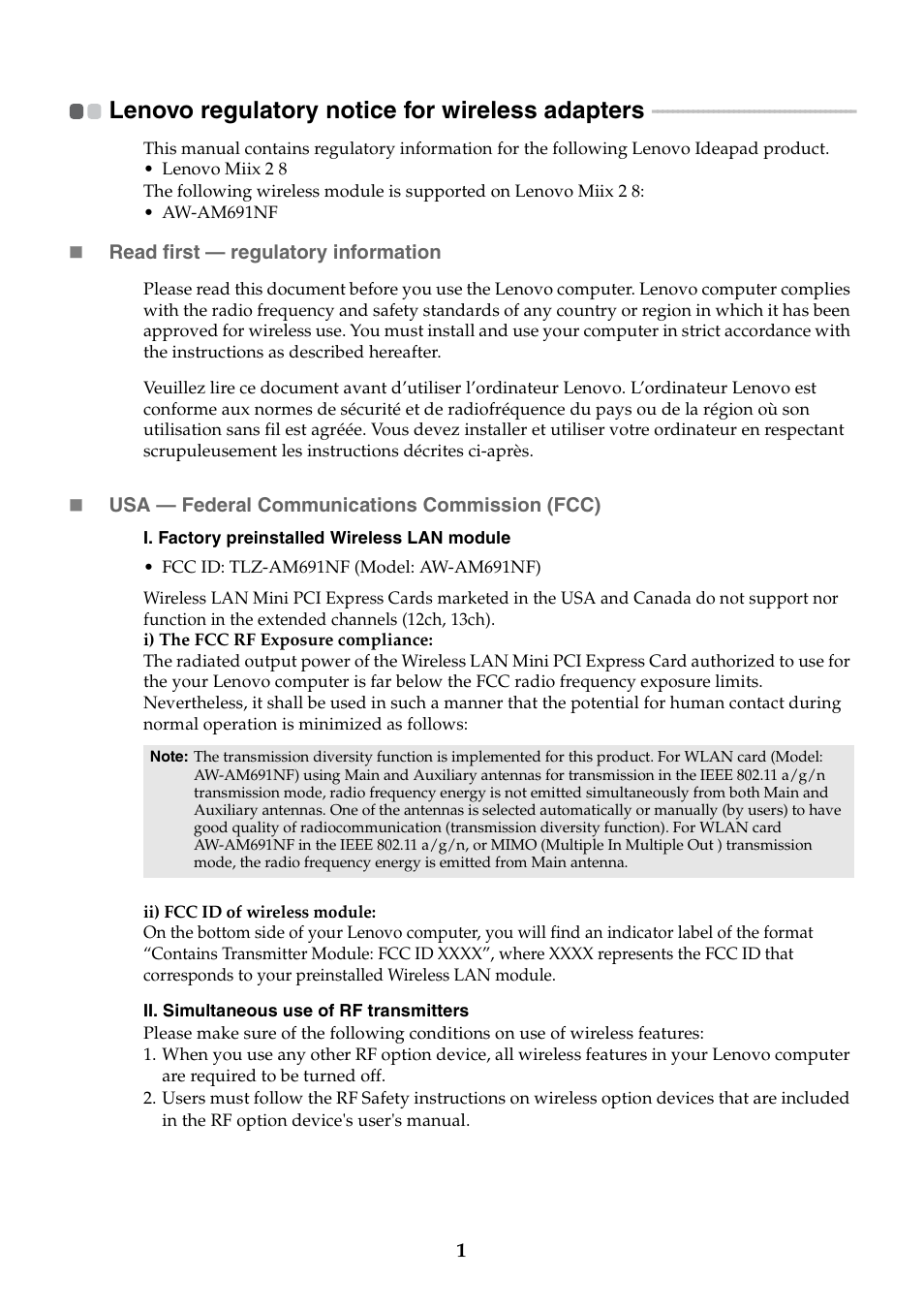 Lenovo regulatory notice for wireless adapters | Lenovo Miix 2 8 Tablet Lenovo User Manual | Page 2 / 6