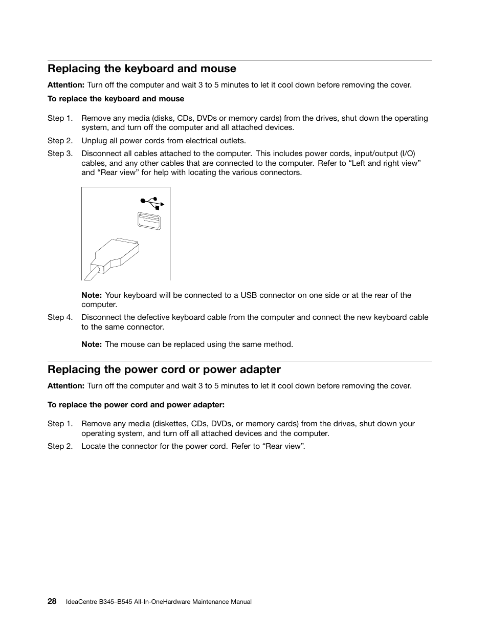 Replacing the keyboard and mouse, Replacing the power cord or power adapter | Lenovo IdeaCentre B345 All-in-One User Manual | Page 34 / 69