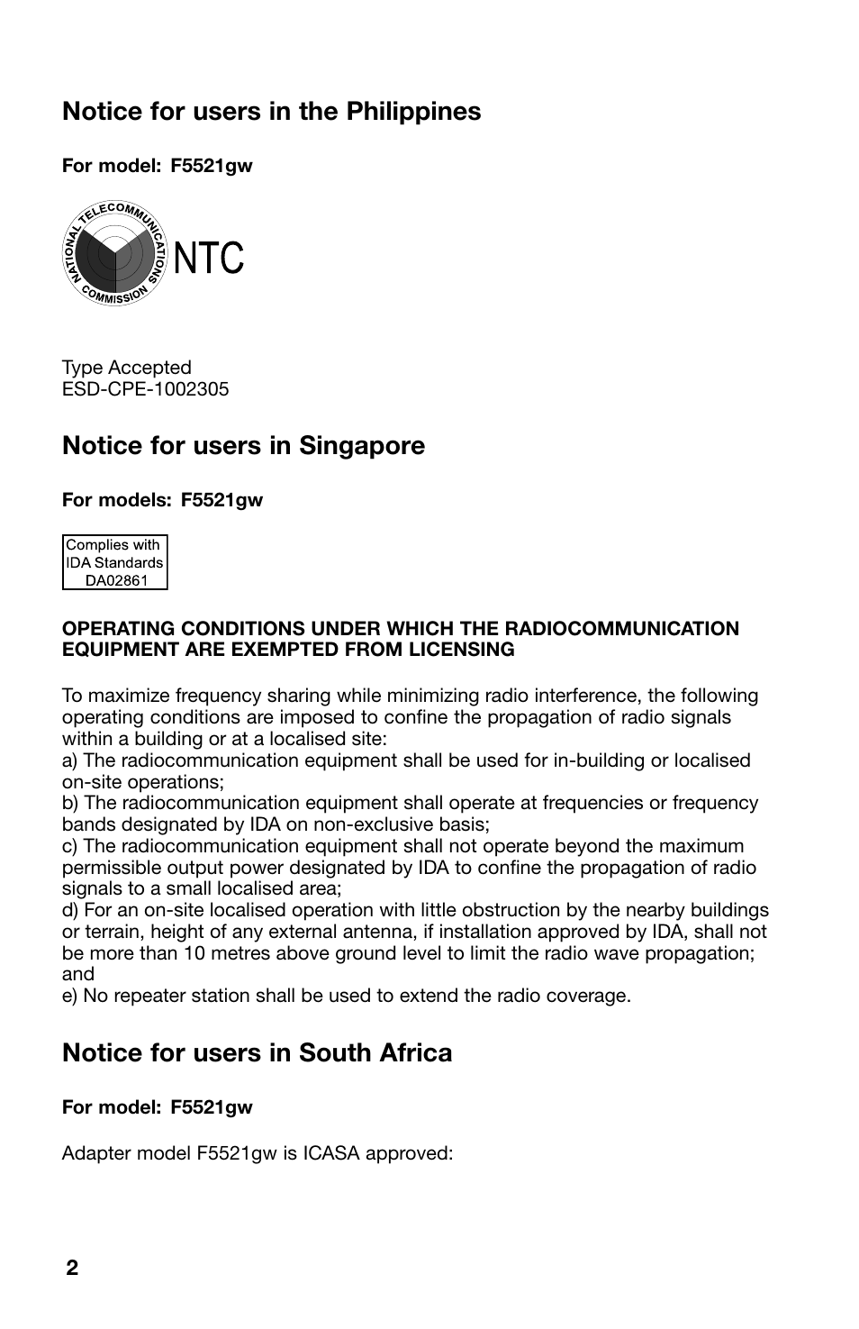 Notice for users in the philippines, Notice for users in singapore, Notice for users in south africa | Lenovo ThinkPad Tablet User Manual | Page 2 / 8