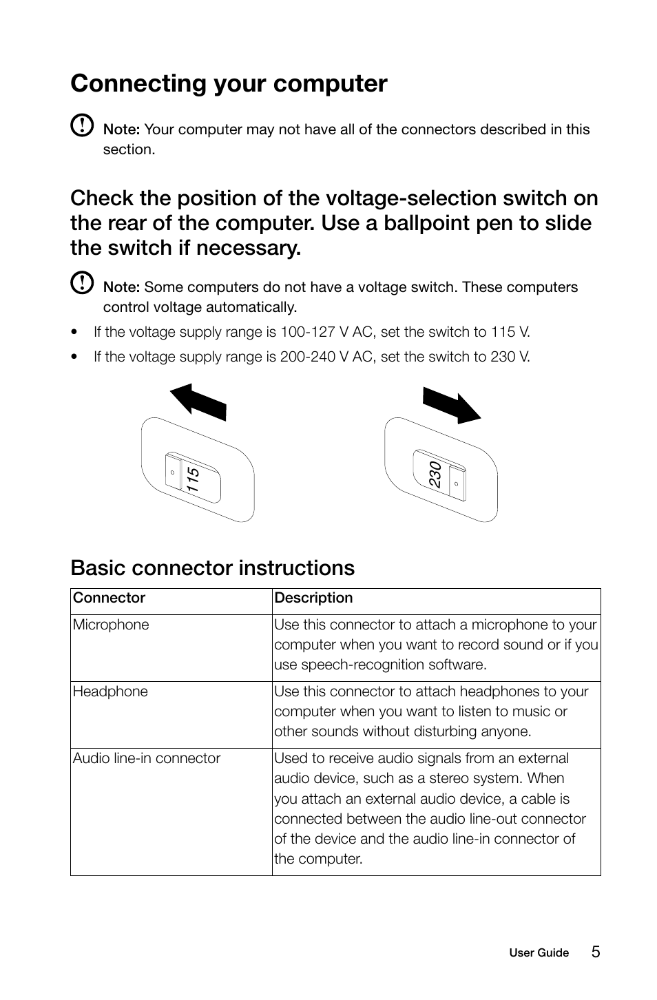 Connecting your computer, Basic connector instructions | Lenovo IdeaCentre K415 User Manual | Page 10 / 63