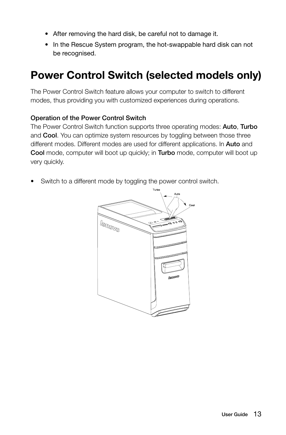 Power control switch (selected models only) | Lenovo IdeaCentre K415 User Manual | Page 18 / 63