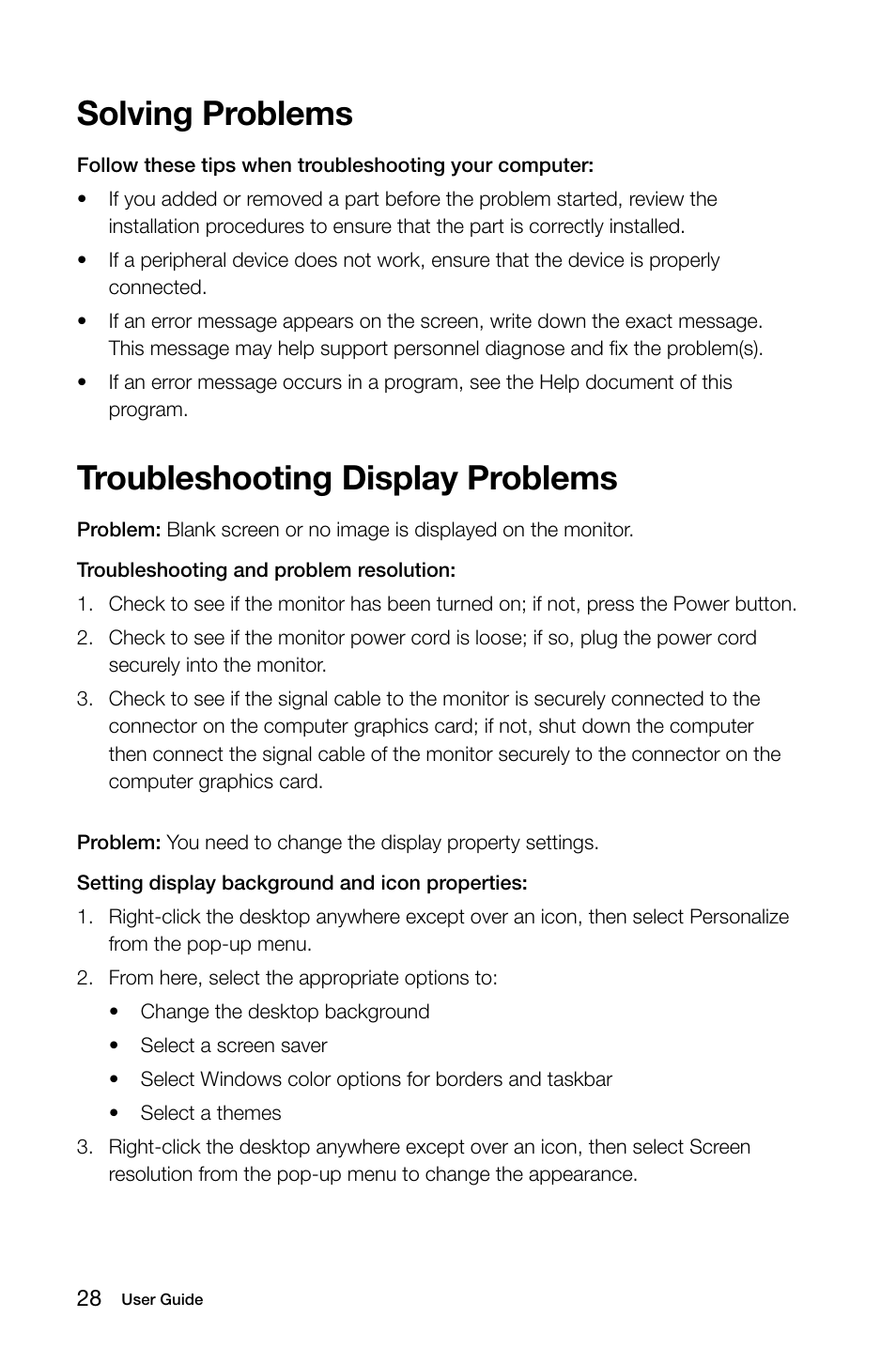 Troubleshooting display problems, Solving problems | Lenovo IdeaCentre K415 User Manual | Page 33 / 63