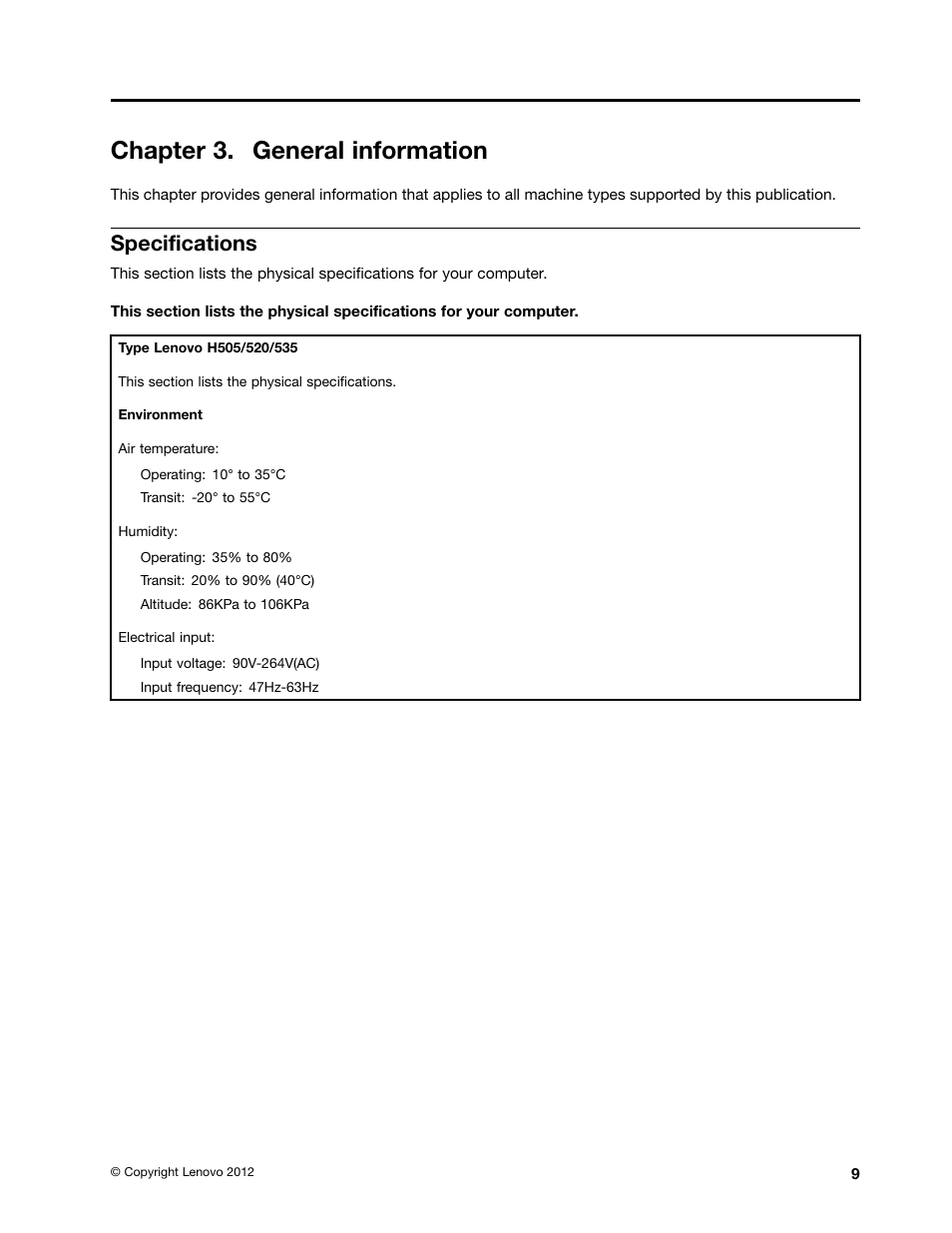 Chapter 3. general information, Specifications | Lenovo H535 Desktop User Manual | Page 15 / 59