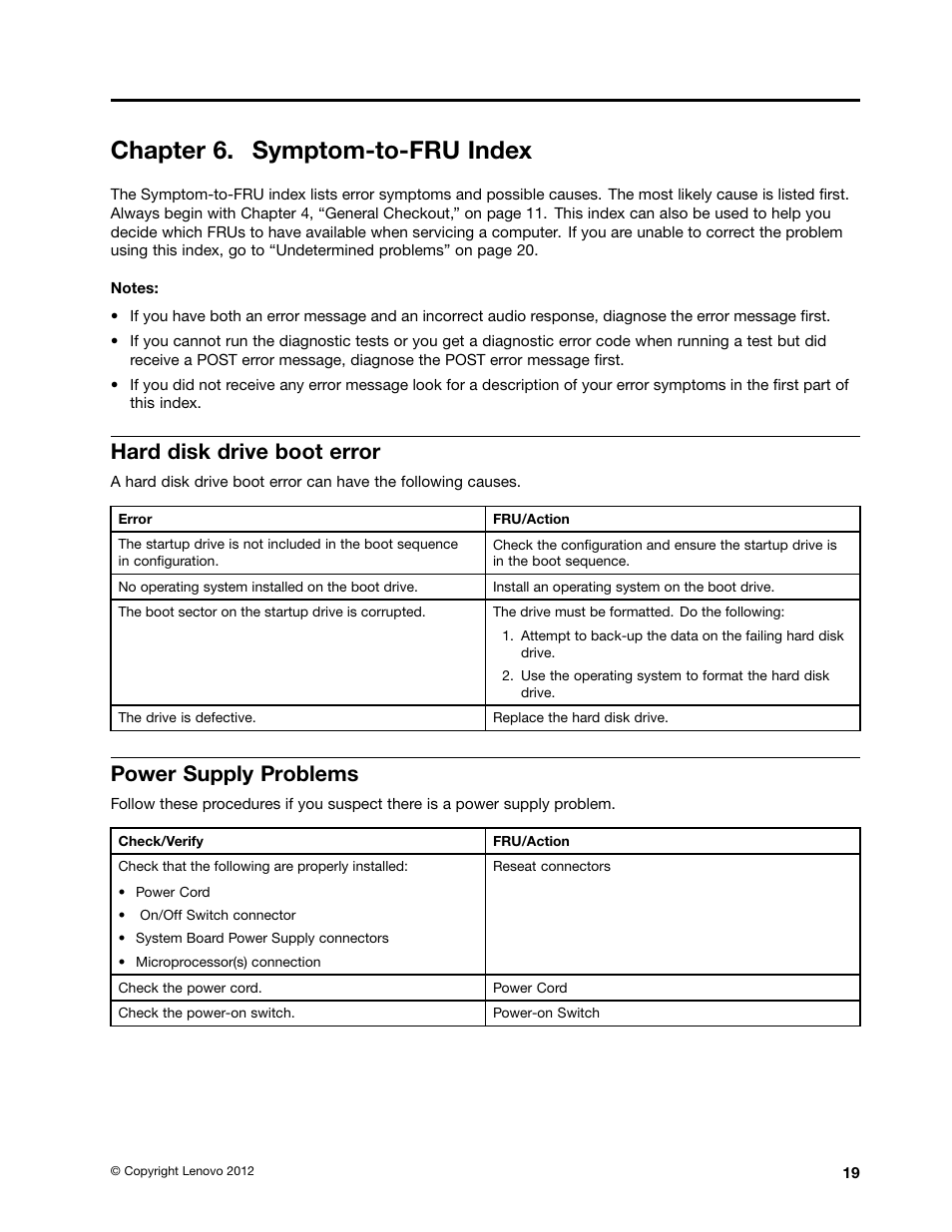 Chapter 6. symptom-to-fru index, Hard disk drive boot error, Power supply problems | Lenovo H535 Desktop User Manual | Page 25 / 59