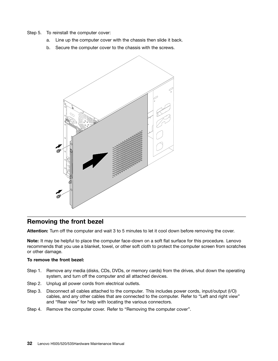 Removing the front bezel | Lenovo H535 Desktop User Manual | Page 38 / 59