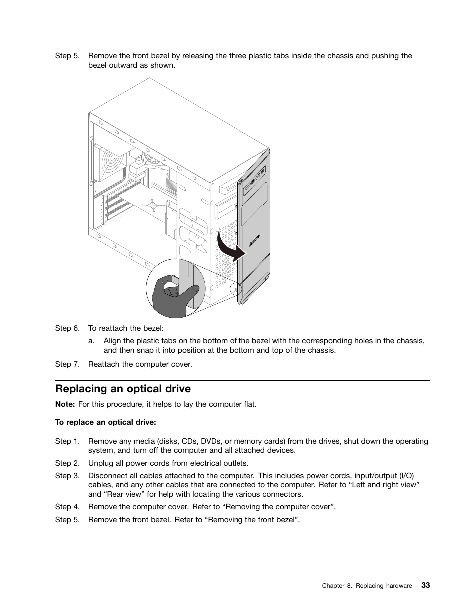 Replacing an optical drive | Lenovo H535 Desktop User Manual | Page 39 / 59