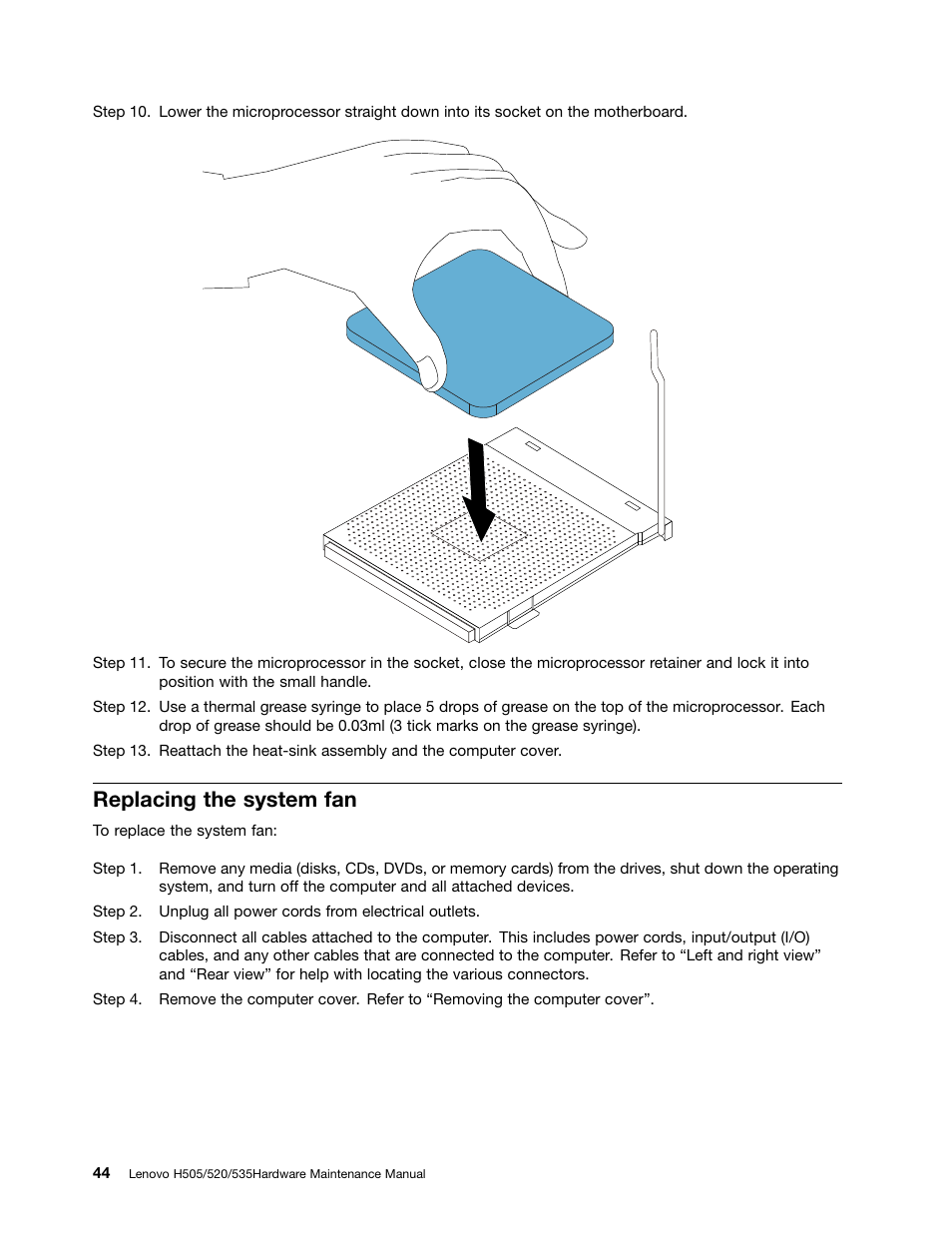 Replacing the system fan | Lenovo H535 Desktop User Manual | Page 50 / 59