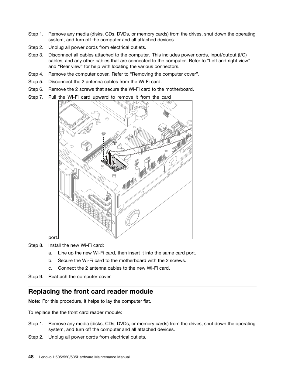 Replacing the front card reader module | Lenovo H535 Desktop User Manual | Page 54 / 59