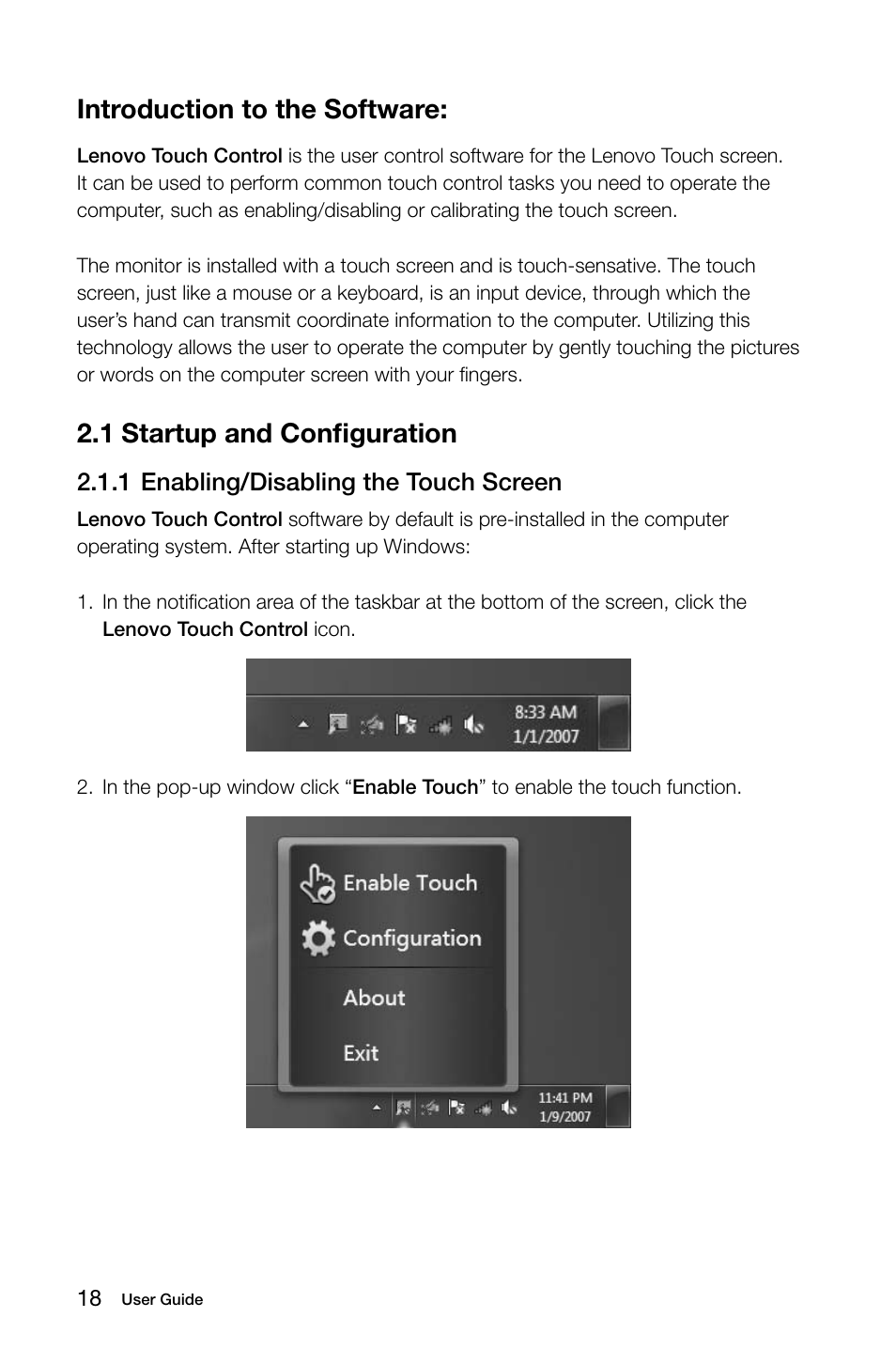 1 startup and configuration, Introduction to the software, 1 enabling/disabling the touch screen | Lenovo C315 All-In-One User Manual | Page 23 / 57