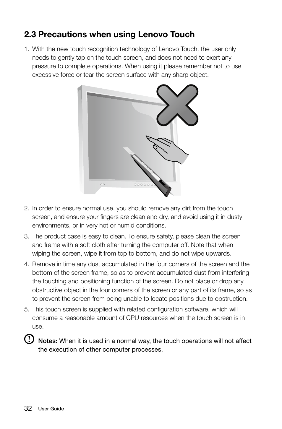 3 precautions when using lenovo touch | Lenovo C315 All-In-One User Manual | Page 37 / 57