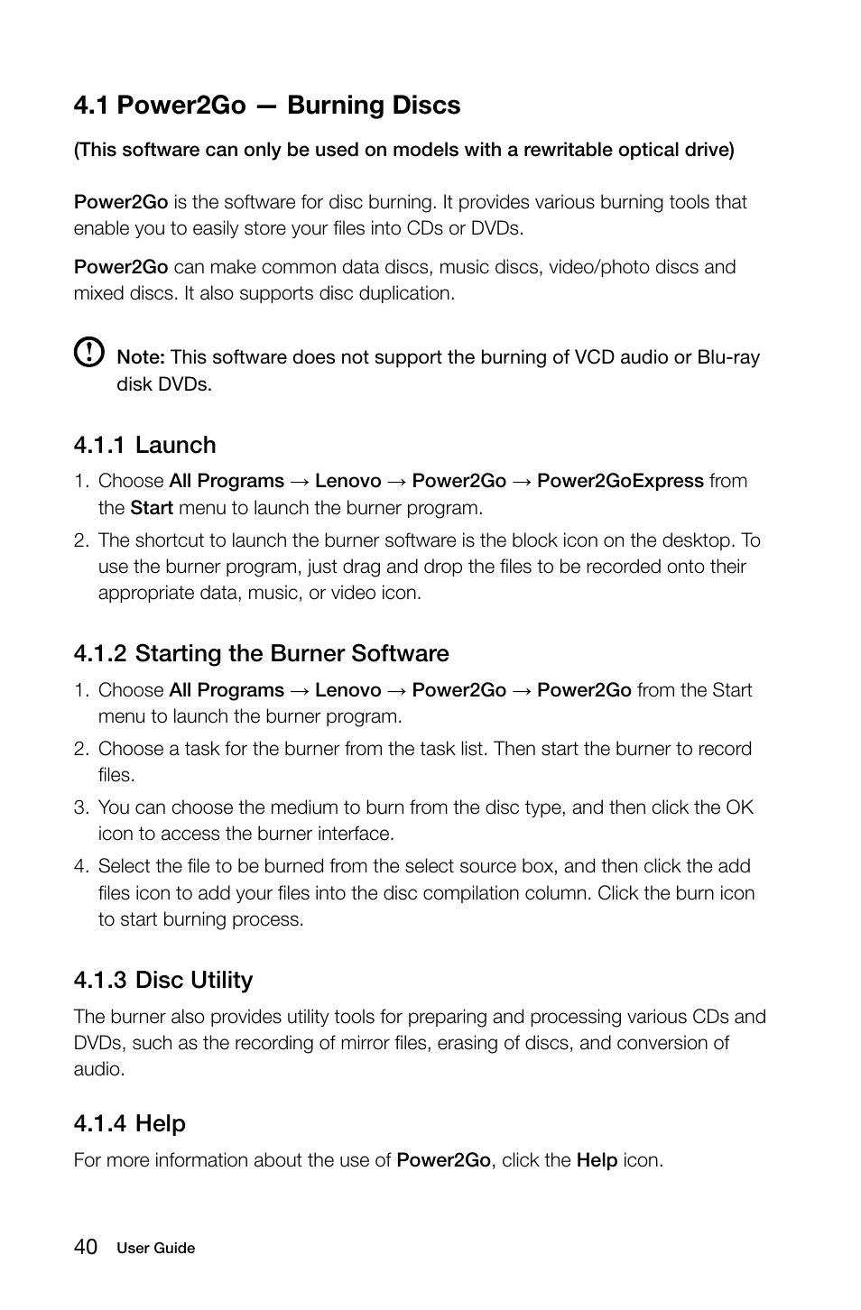 1 power2go — burning discs, 1 launch, 2 starting the burner software | 3 disc utility, 4 help | Lenovo C315 All-In-One User Manual | Page 45 / 57