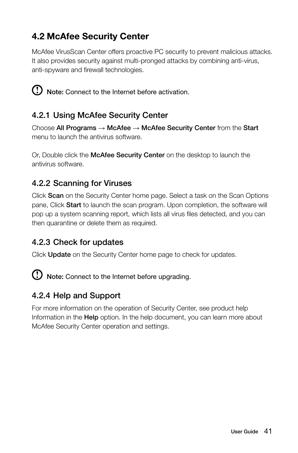 2 mcafee security center, 1 using mcafee security center, 2 scanning for viruses | 3 check for updates, 4 help and support | Lenovo C315 All-In-One User Manual | Page 46 / 57