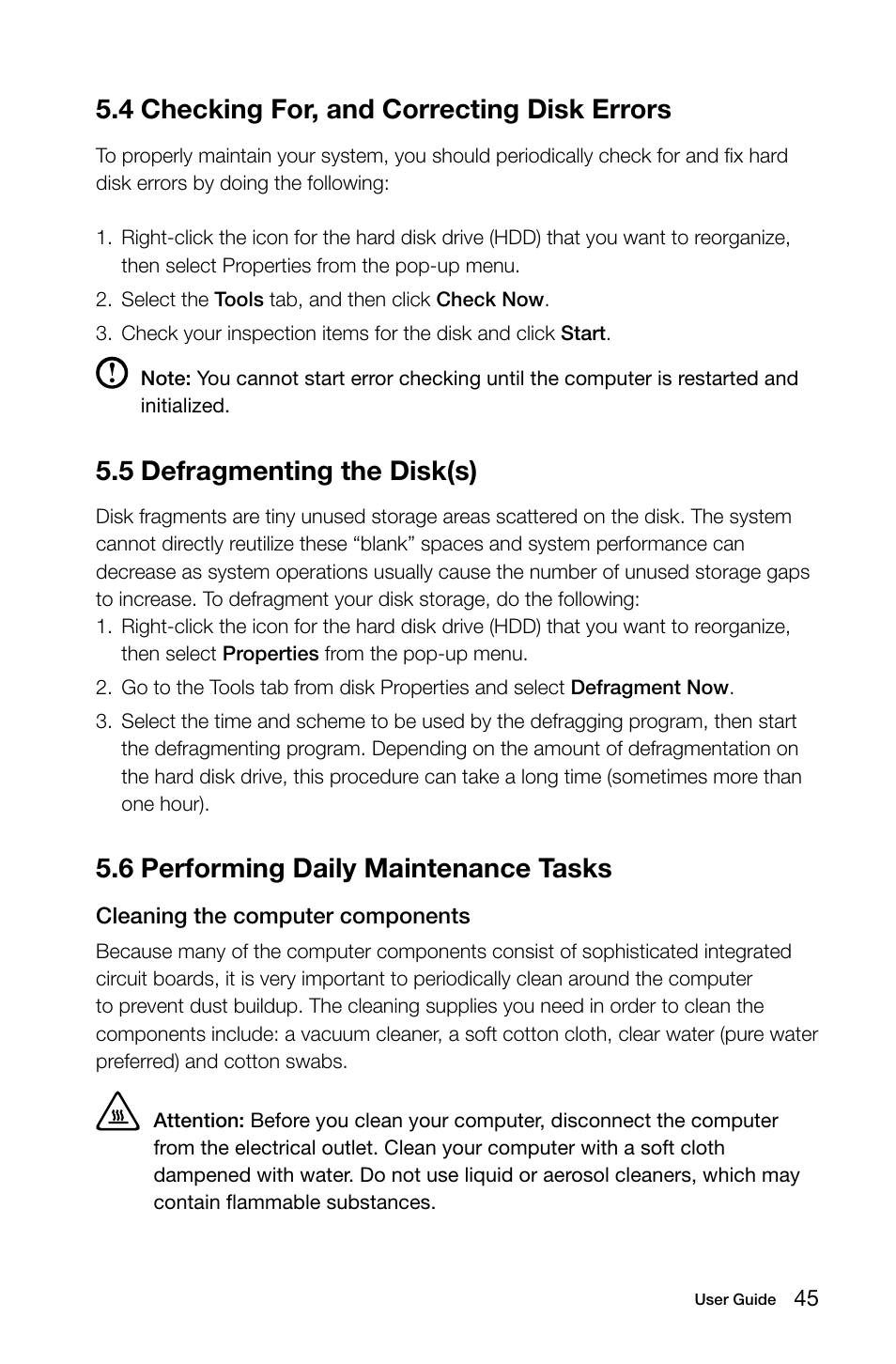 4 checking for, and correcting disk errors, 5 defragmenting the disk(s), 6 performing daily maintenance tasks | Lenovo C315 All-In-One User Manual | Page 50 / 57