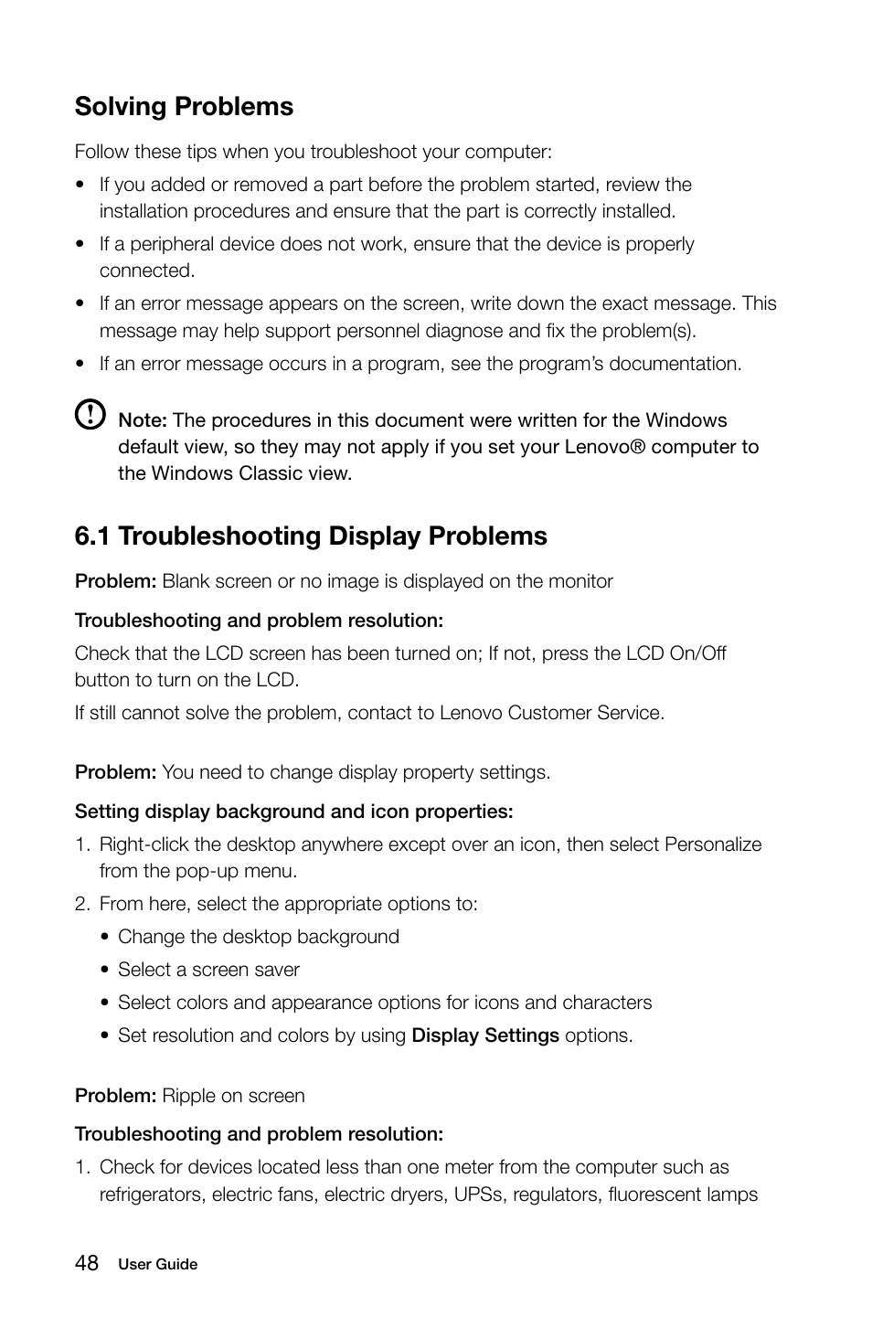 1 troubleshooting display problems, Solving problems | Lenovo C315 All-In-One User Manual | Page 53 / 57