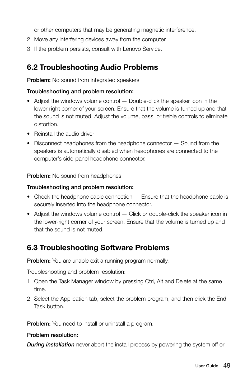 2 troubleshooting audio problems, 3 troubleshooting software problems | Lenovo C315 All-In-One User Manual | Page 54 / 57