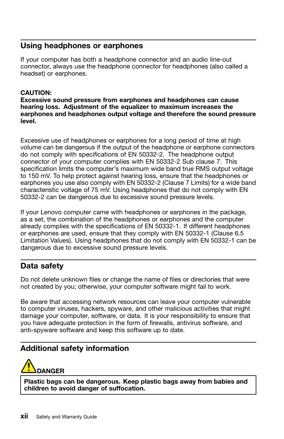 Using headphones or earphones, Data safety, Additional safety information | Lenovo ThinkPad X220 Tablet User Manual | Page 14 / 46