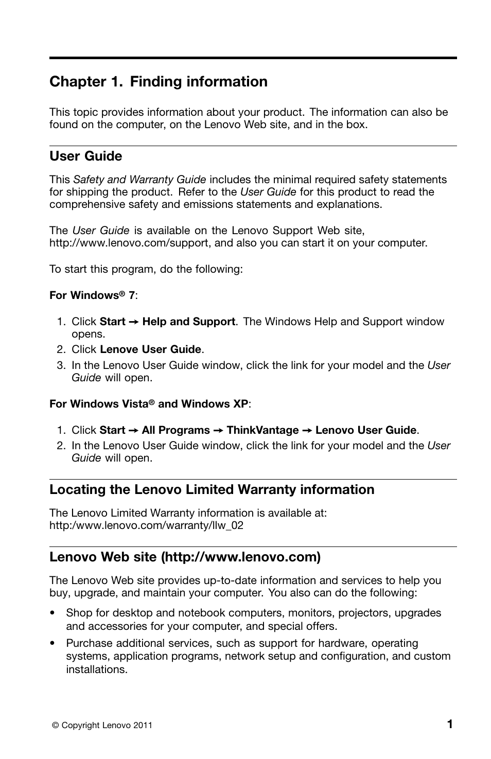 Chapter 1. finding information, User guide, Locating the lenovo limited warranty information | Lenovo web site (http://www.lenovo.com) | Lenovo ThinkPad X220 Tablet User Manual | Page 15 / 46