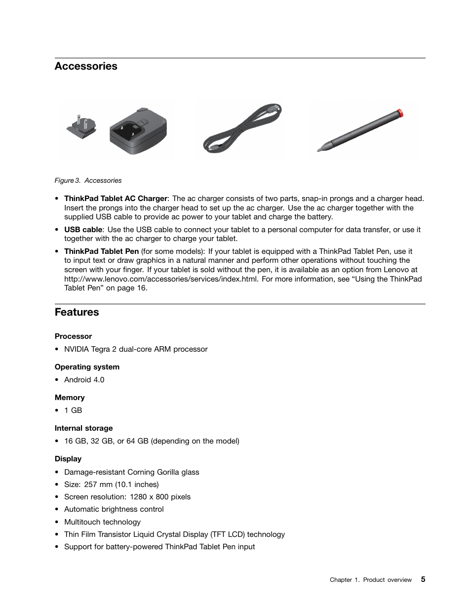 Accessories, Features | Lenovo ThinkPad Tablet User Manual | Page 13 / 100