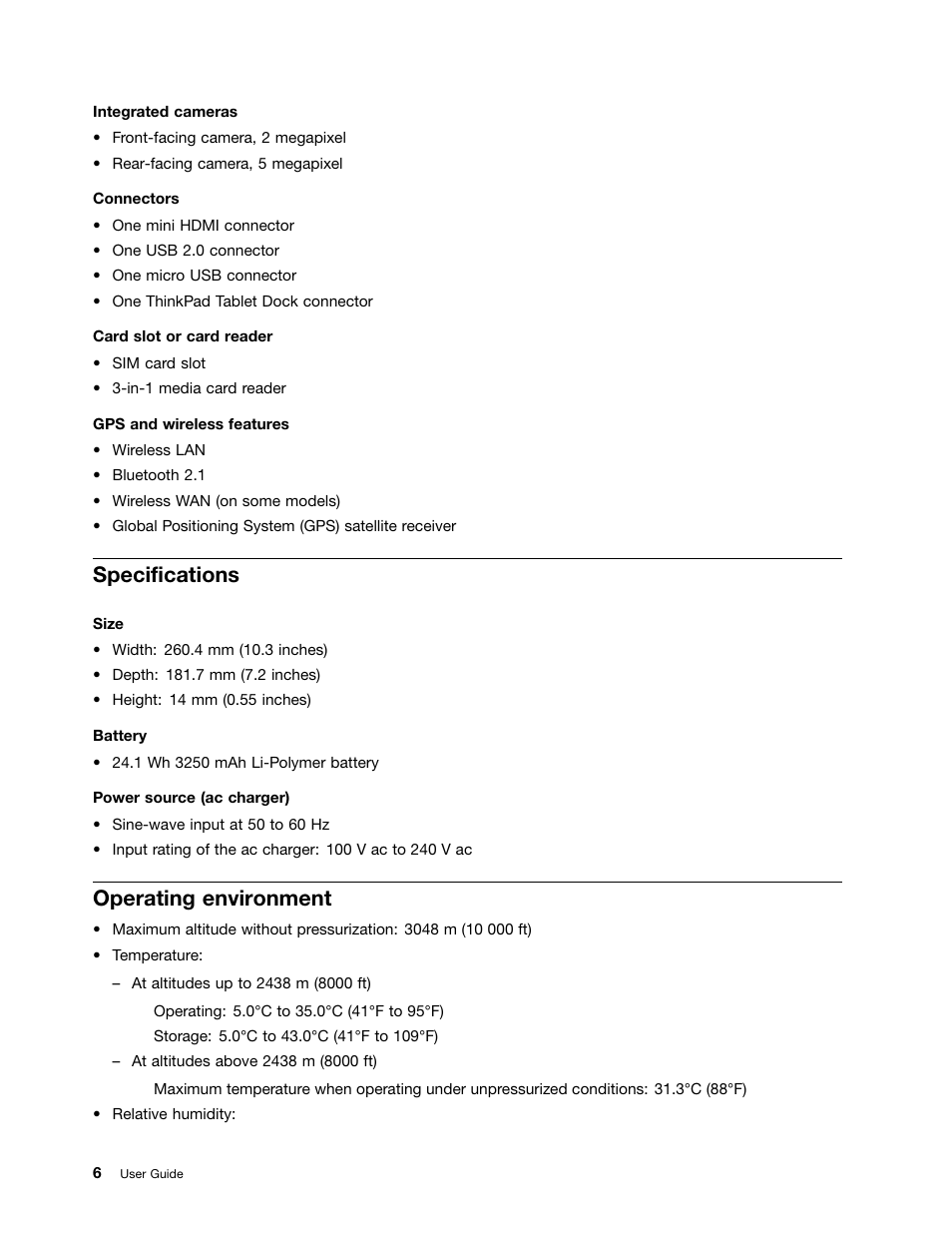 Specifications, Operating environment | Lenovo ThinkPad Tablet User Manual | Page 14 / 100