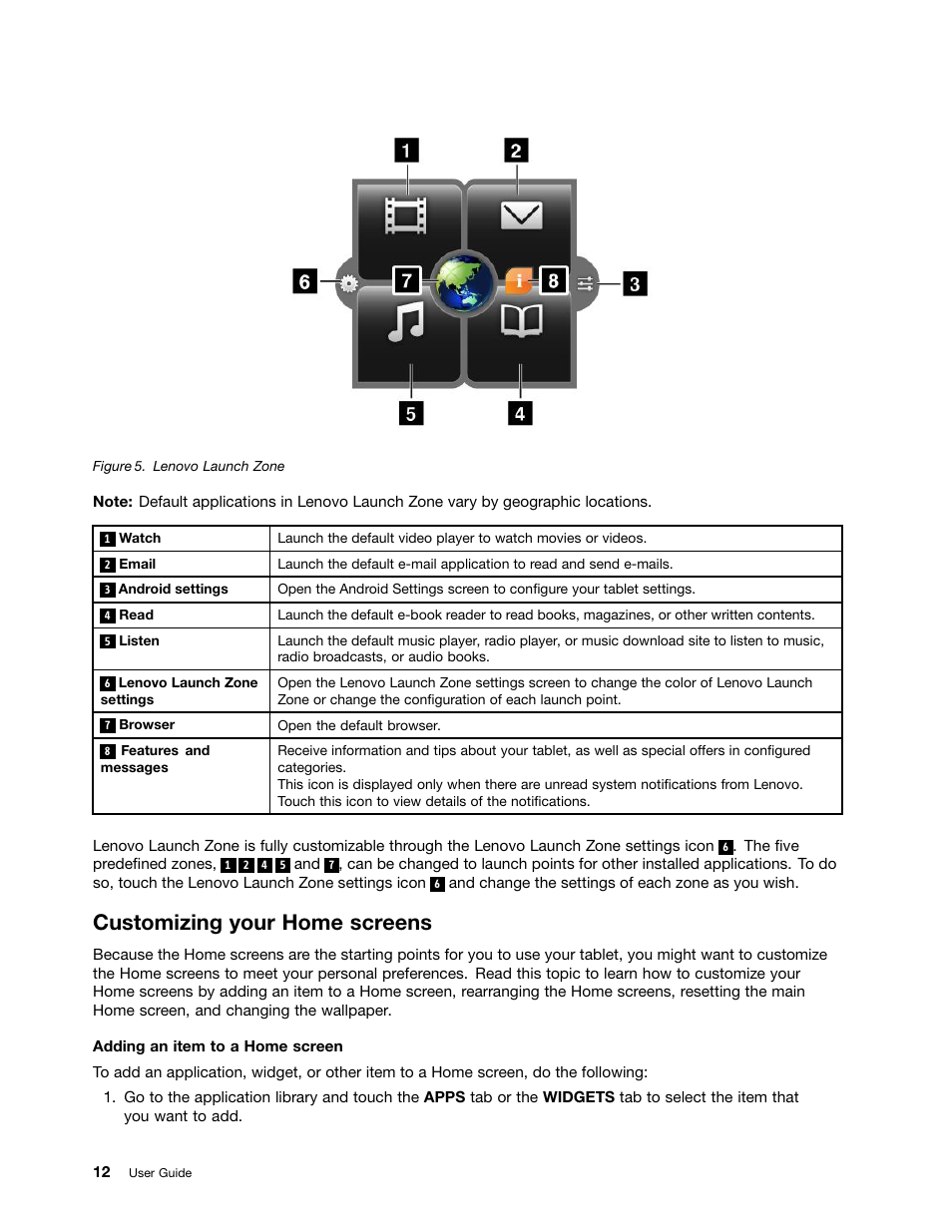 Customizing your home screens | Lenovo ThinkPad Tablet User Manual | Page 20 / 100