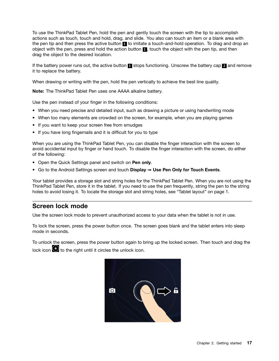 Screen lock mode | Lenovo ThinkPad Tablet User Manual | Page 25 / 100