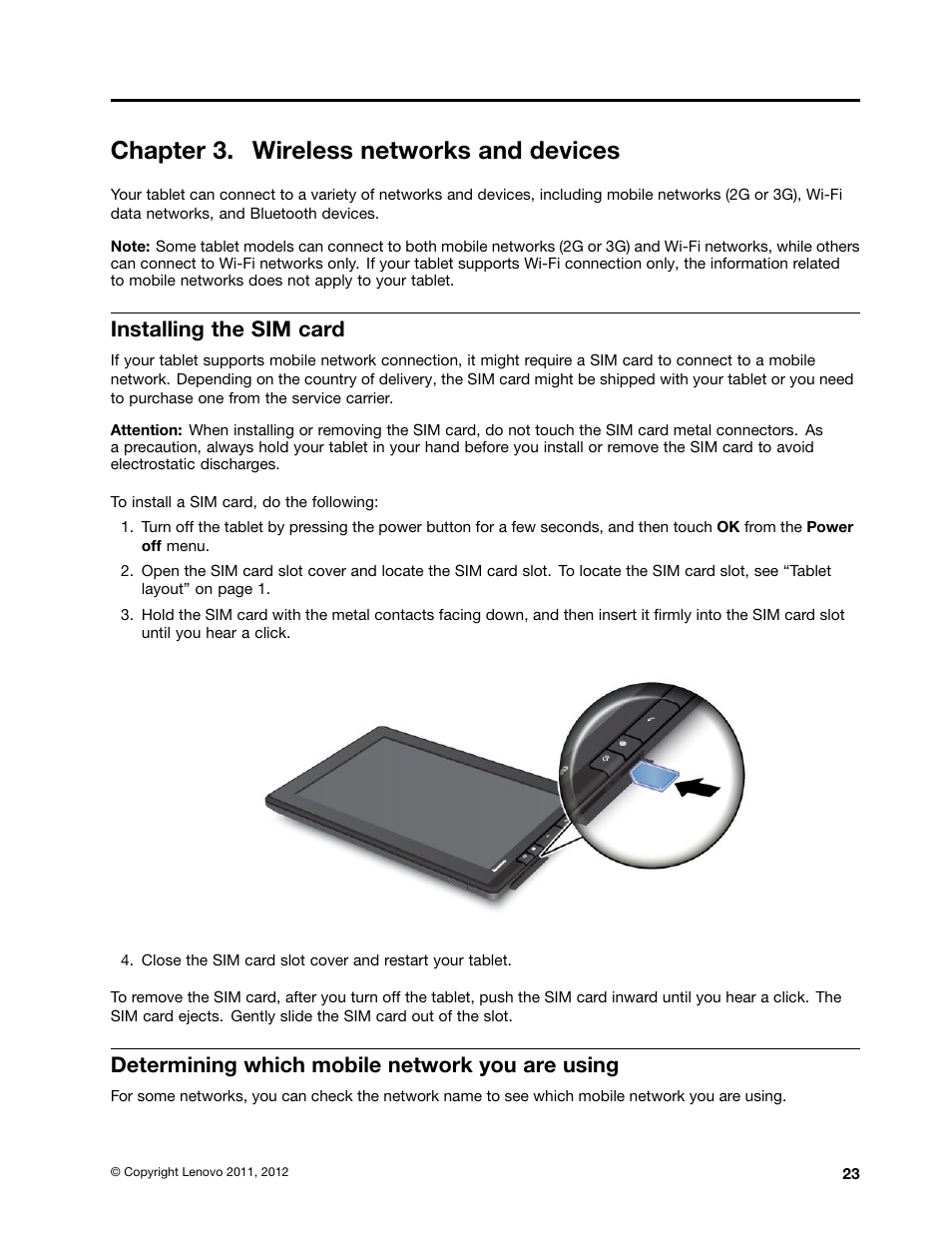 Chapter 3. wireless networks and devices, Installing the sim card, Determining which mobile network you are using | Lenovo ThinkPad Tablet User Manual | Page 31 / 100