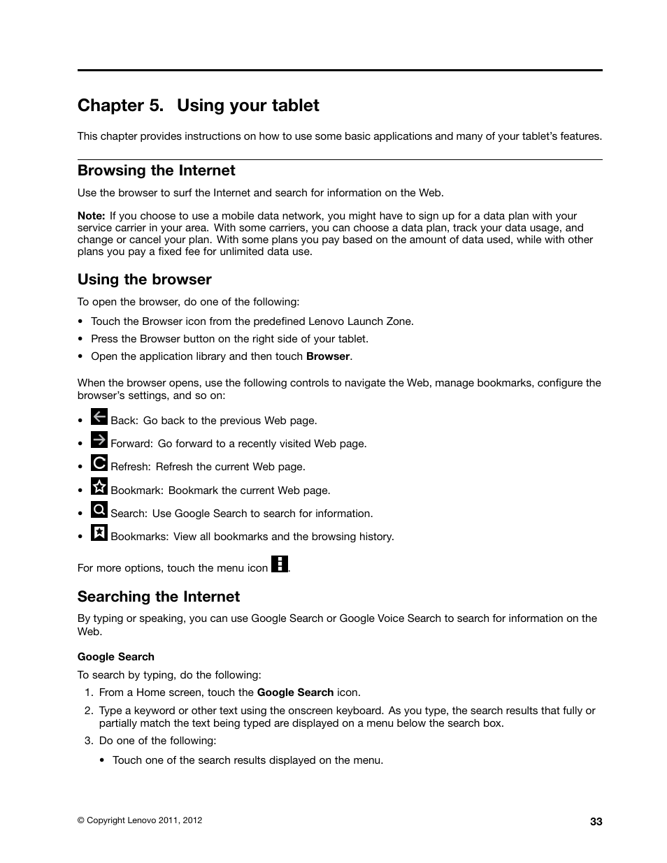 Chapter 5. using your tablet, Browsing the internet, Using the browser | Searching the internet | Lenovo ThinkPad Tablet User Manual | Page 41 / 100