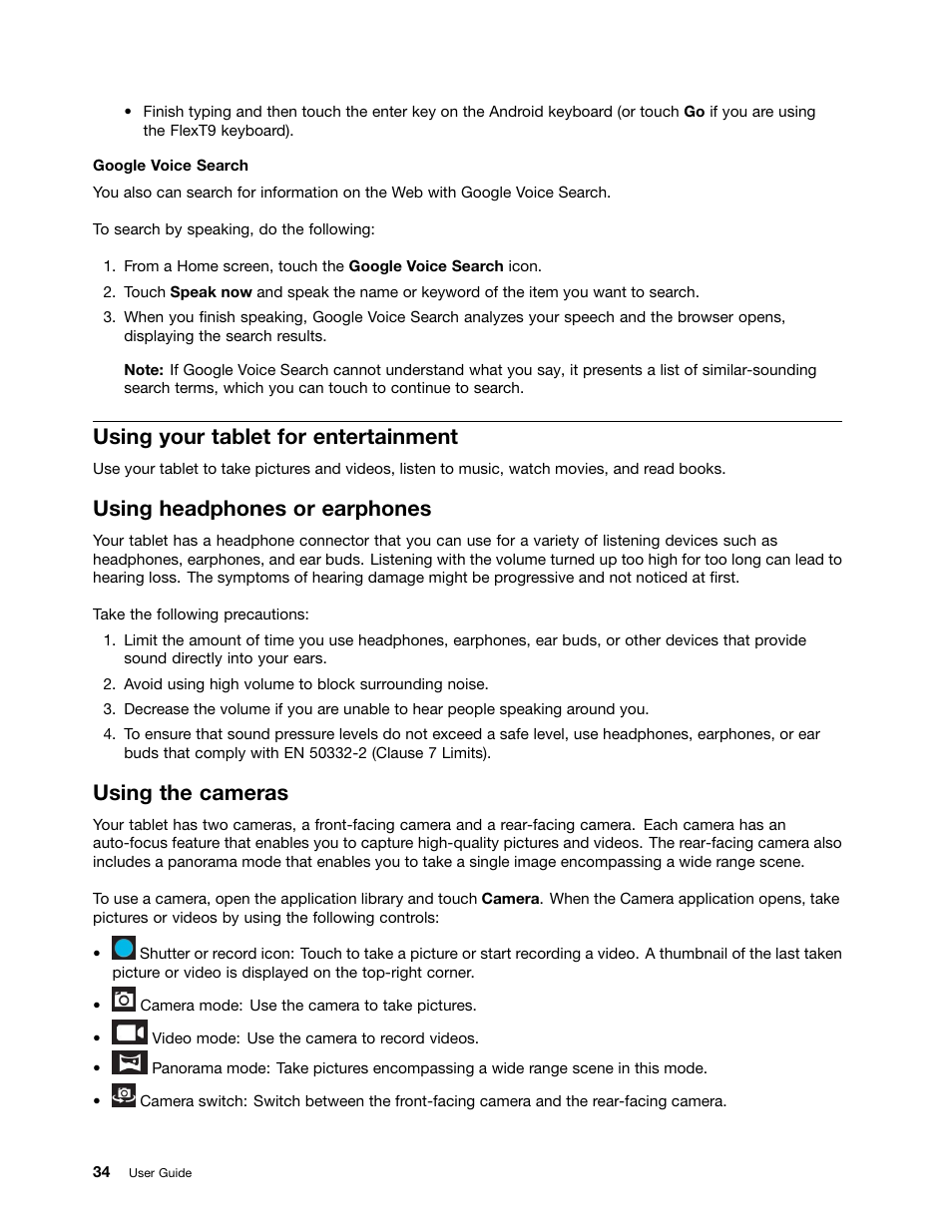 Using your tablet for entertainment, Using headphones or earphones, Using the cameras | Lenovo ThinkPad Tablet User Manual | Page 42 / 100